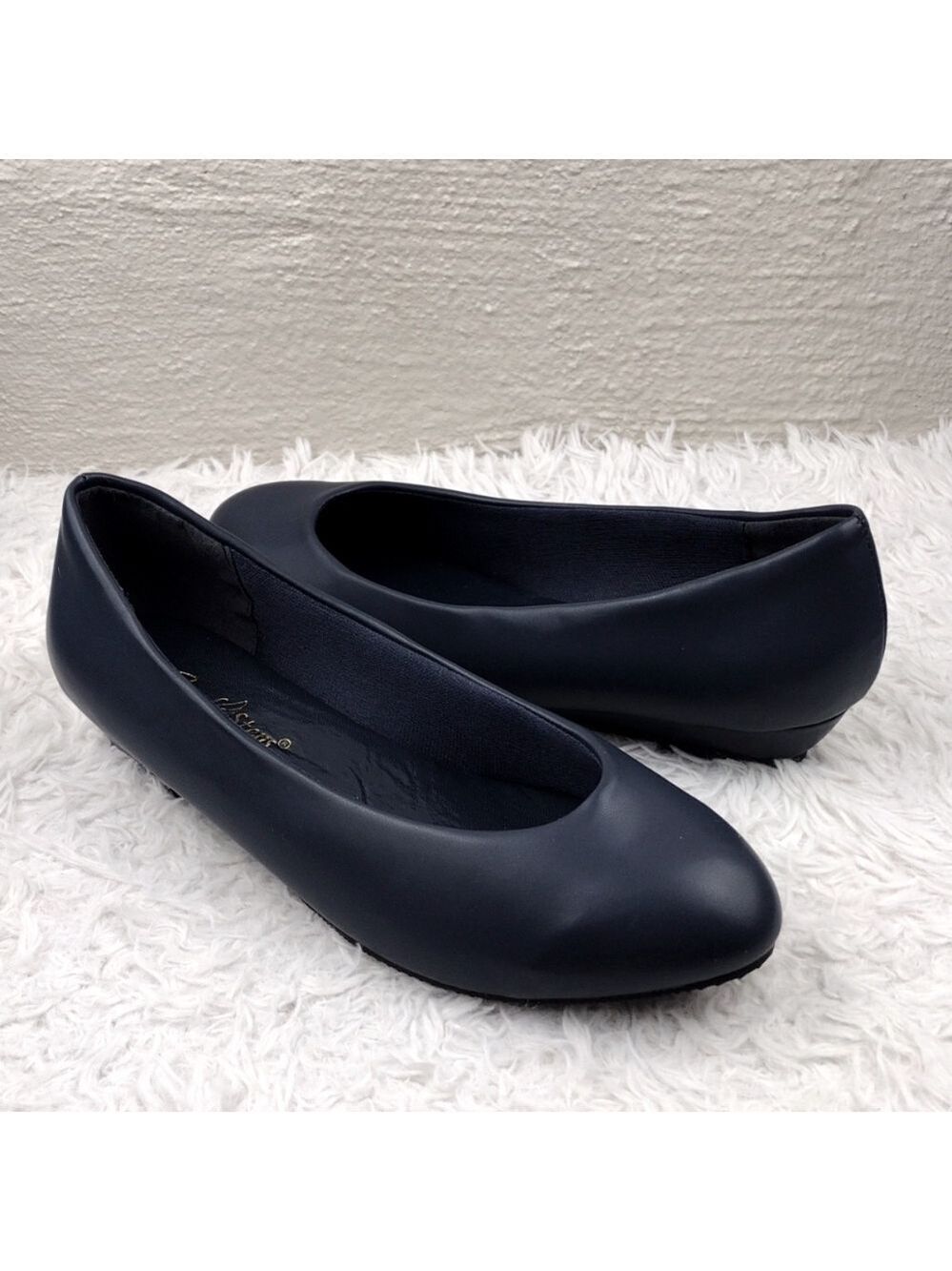 Angel Steps Navy Blue Faux Leather Almond Toe Low Wedge Heel Slip On Loafer Shoe